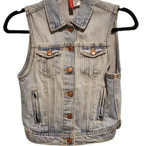 Divided Sleeveless Blue Denim Jean Jacket With Gold/Bronze Buttons
